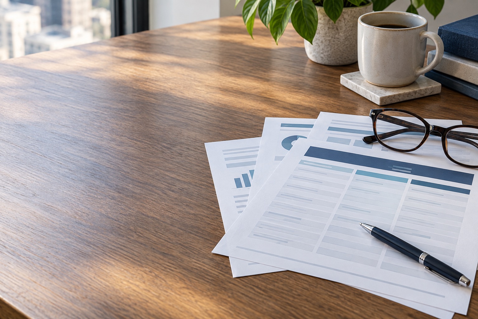 Paper insurance comparison notes, glasses and a pen on a desk